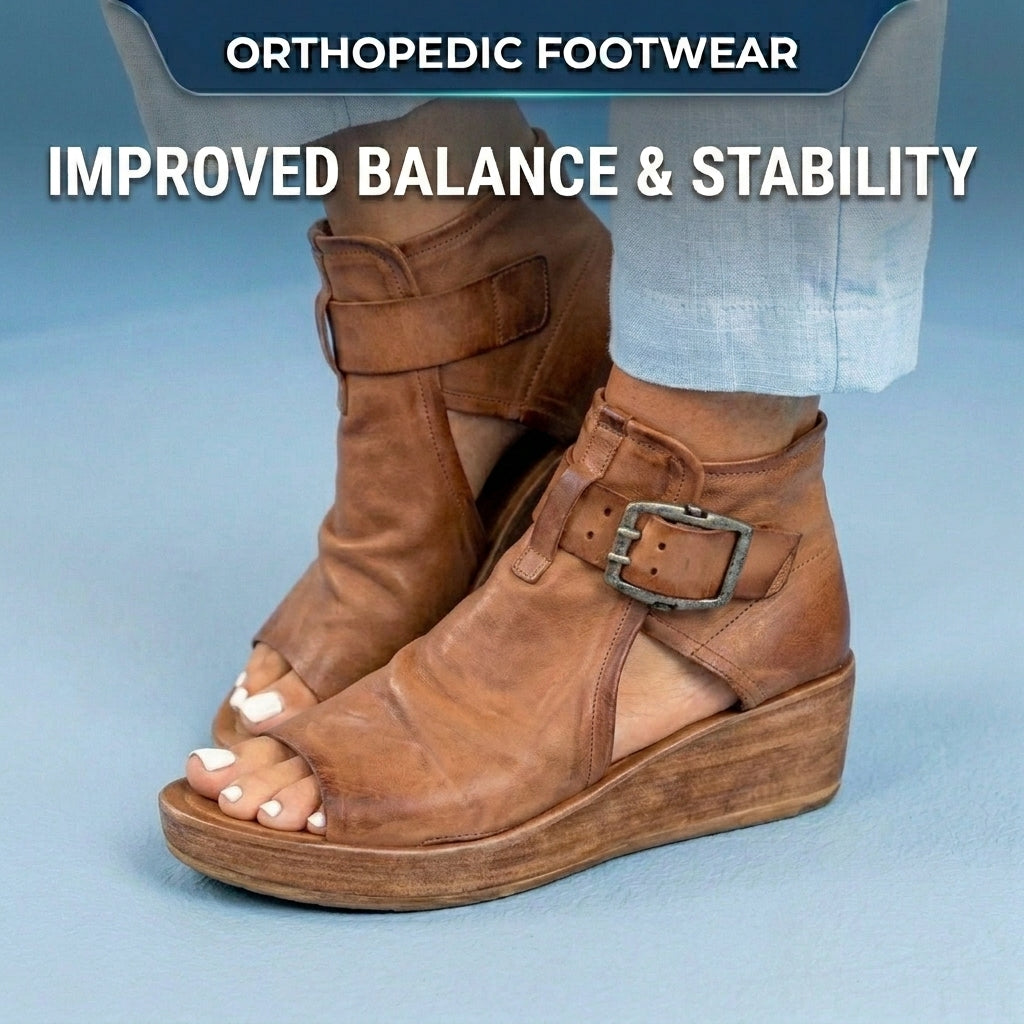 Orthopedic Leather Platform Sandals - Double Buckle Ankle Strap