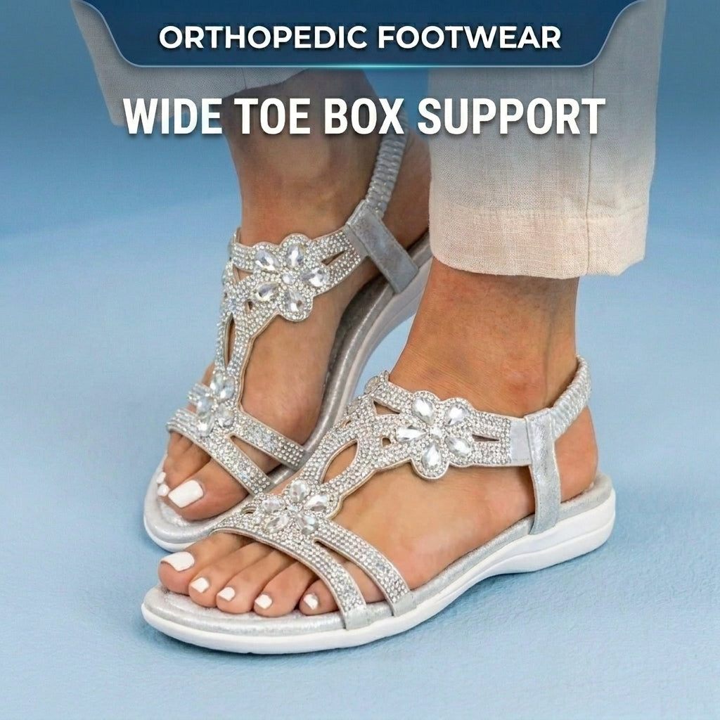 Orthopedic Embellished Wedge Sandals - Rhinestone Floral & Elastic Slingback