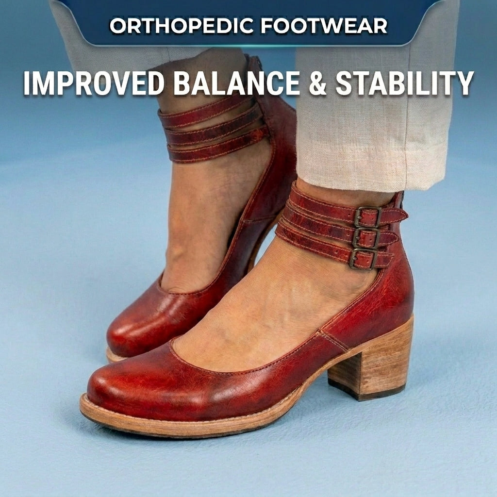 Orthopedic Leather Ankle Boots - Block Heel Double Buckle Strap