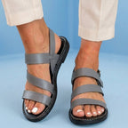 Orthopedic Leather Multi-Strap Sandals - Triple Buckle Closure