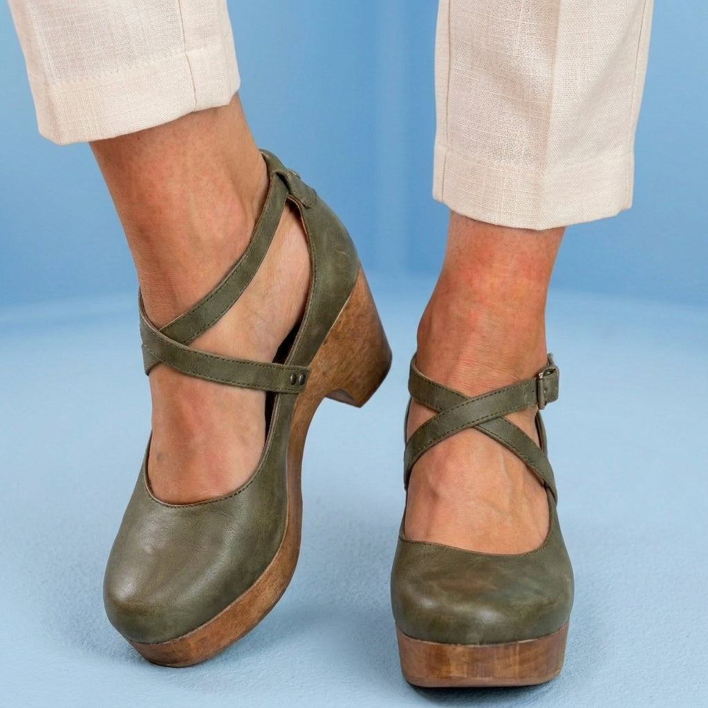 Orthopedic Leather Platform Heels - Crisscross Ankle Strap